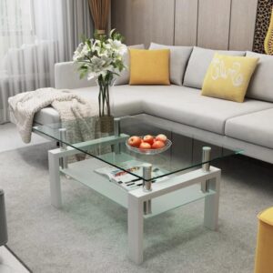 elegant rectangle tempered glass coffee table with metal legs