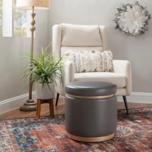 elegant gray faux leather storage ottoman stool with natural pinewood trim