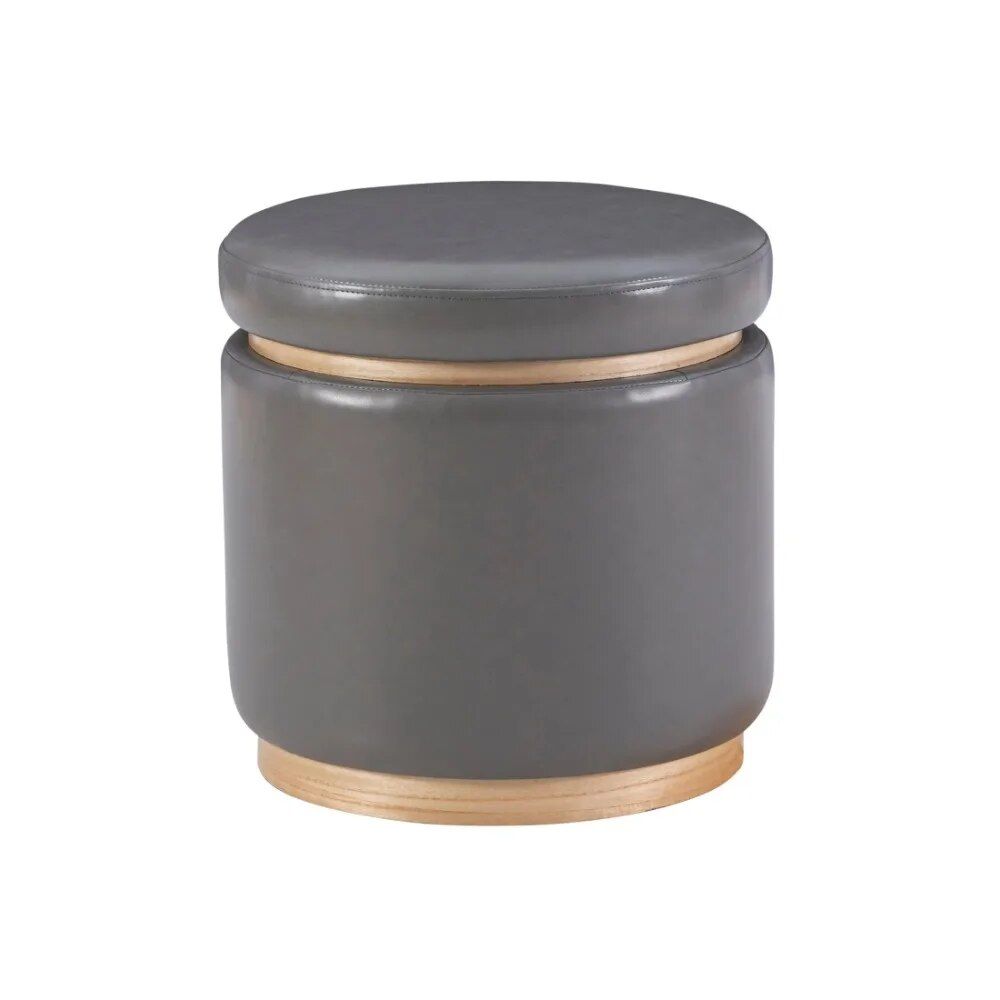 elegant gray faux leather storage ottoman stool with natural pinewood trim elegant gray faux leather storage ottoman stool with natural pinewood trim