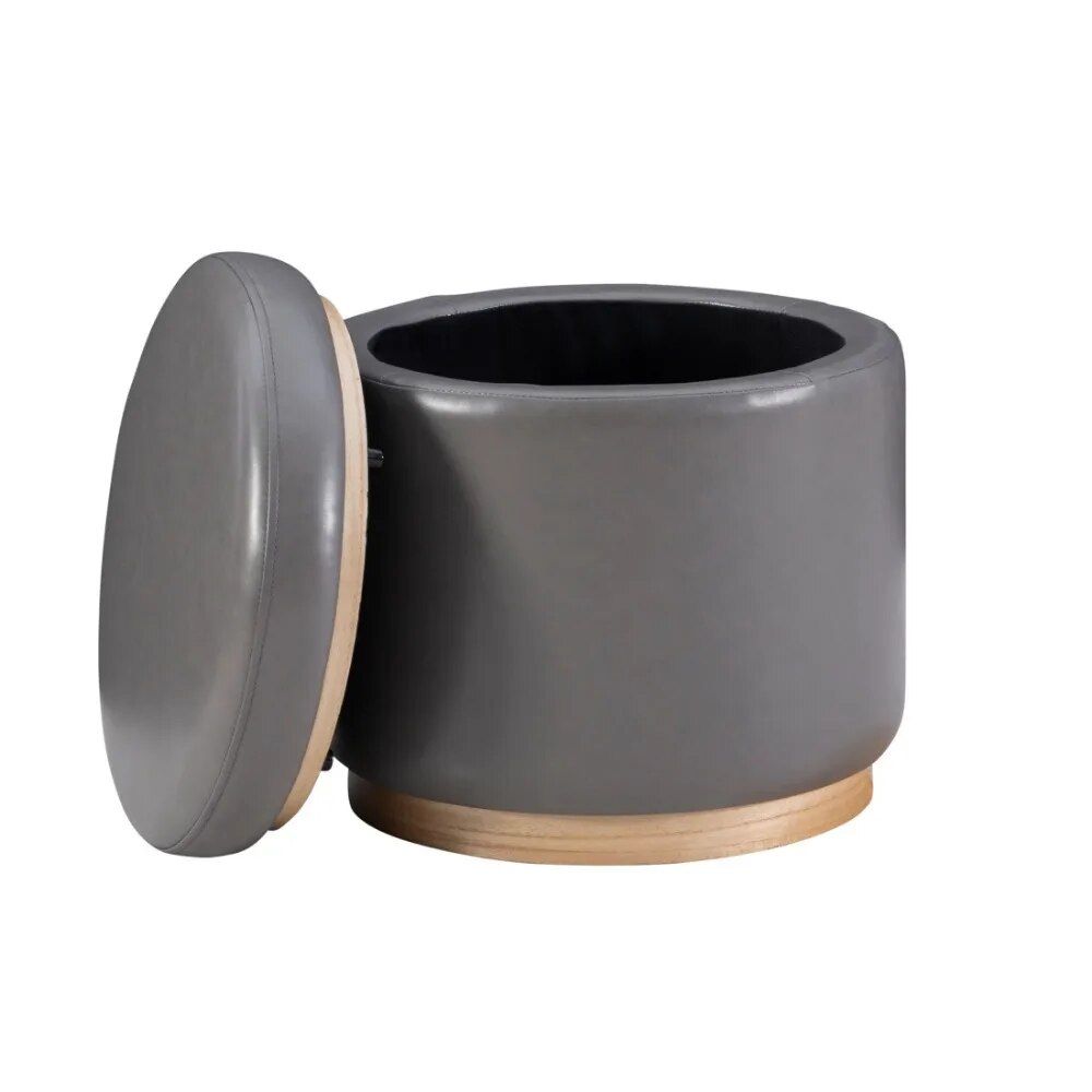 elegant gray faux leather storage ottoman stool with natural pinewood trim elegant gray faux leather storage ottoman stool with natural pinewood trim