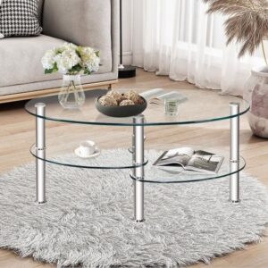 elegant oval glass coffee table with dual storage shelves and metal legs
