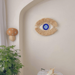 moroccan evil eye wall hanging handwoven raffia & wood bead art decor